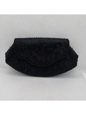 Vintage Beaded Black Clutch Handbag Purse Evening Wedding Prom Elegant